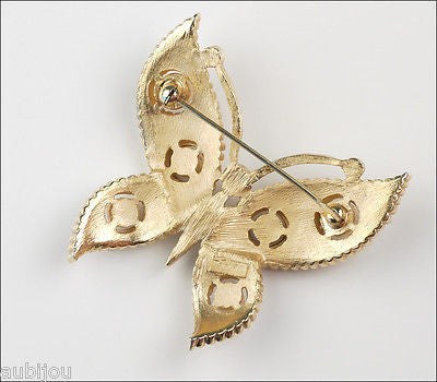 Vintage Crown Trifari Figural White Enamel Cabochon Butterfly Insect Brooch Pin