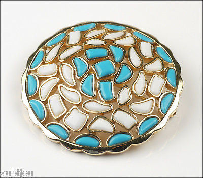 Vintage Crown Trifari Modern Mosaic White Blue Molded Glass Brooch Pin 1960's