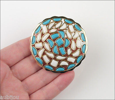 Vintage Crown Trifari Modern Mosaic White Blue Molded Glass Brooch Pin 1960's