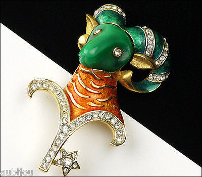Vintage Denicola Zodiac Aries Ram Enamel Rhinestone Lucite Brooch Pin Astrology Sign