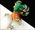 Vintage Denicola Zodiac Aries Ram Enamel Rhinestone Lucite Brooch Pin Astrology Sign
