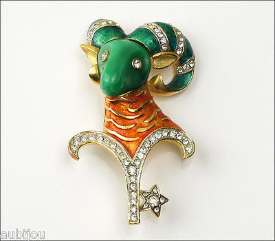 Vintage Denicola Zodiac Aries Ram Enamel Rhinestone Lucite Brooch Pin Astrology Sign