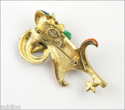 Vintage Denicola Zodiac Aries Ram Enamel Rhinestone Lucite Brooch Pin Astrology Sign