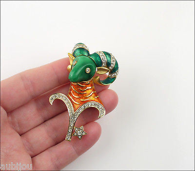 Vintage Denicola Zodiac Aries Ram Enamel Rhinestone Lucite Brooch Pin Astrology Sign