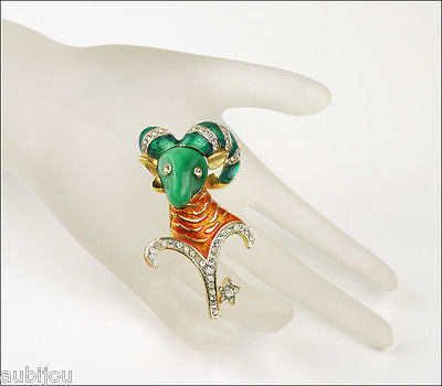 Vintage Denicola Zodiac Aries Ram Enamel Rhinestone Lucite Brooch Pin Astrology Sign