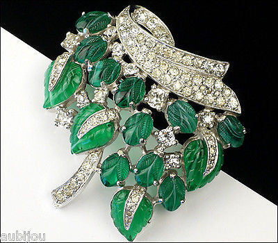Vintage Jomaz Fruit Salad Emerald Green Leaf Molded Glass Rhinestone Brooch Pin