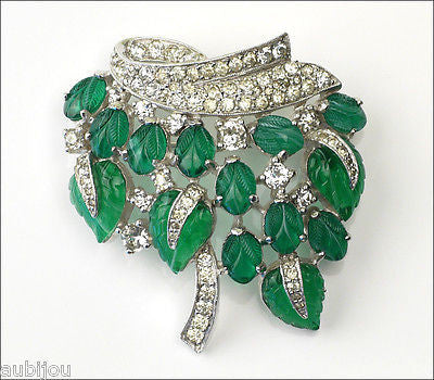Vintage Jomaz Fruit Salad Emerald Green Leaf Molded Glass Rhinestone Brooch Pin