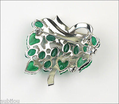 Vintage Jomaz Fruit Salad Emerald Green Leaf Molded Glass Rhinestone Brooch Pin