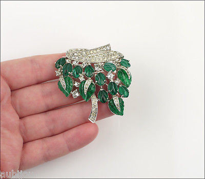 Vintage Jomaz Fruit Salad Emerald Green Leaf Molded Glass Rhinestone Brooch Pin