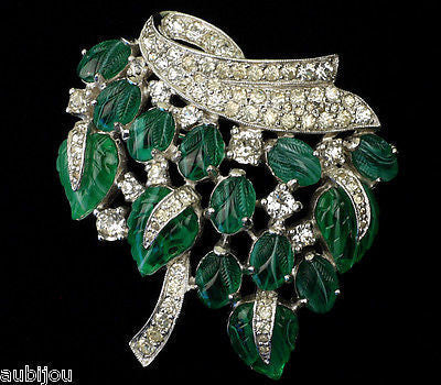 Vintage Jomaz Fruit Salad Emerald Green Leaf Molded Glass Rhinestone Brooch Pin