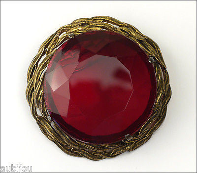 Vintage Large Signed Capri Openback Siam Red Glass Rhinestone Brooch Pin Pendant 1950's