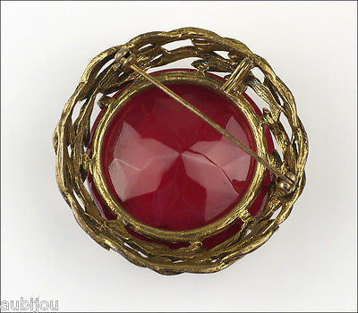 Vintage Large Signed Capri Openback Siam Red Glass Rhinestone Brooch Pin Pendant 1950's