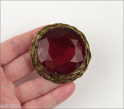 Vintage Large Signed Capri Openback Siam Red Glass Rhinestone Brooch Pin Pendant 1950's