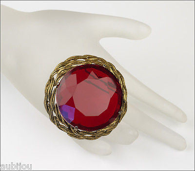 Vintage Large Signed Capri Openback Siam Red Glass Rhinestone Brooch Pin Pendant 1950's