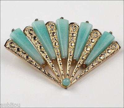 Vintage Marvella Asian Oriental Figural Light Blue Art Glass Fan Brooch Pin 1960's