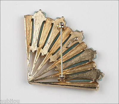 Vintage Marvella Asian Oriental Figural Light Blue Art Glass Fan Brooch Pin 1960's