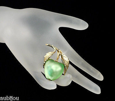 Vintage Napier Frosted Molded Glass Light Green Apple Brooch Pin Fruit Jewelry