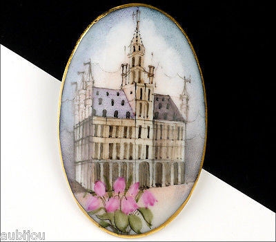 Vintage Porcelain Hand Painted Gothic Revival Cathedral Brooch Pin Renaissance