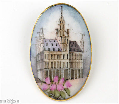 Vintage Porcelain Hand Painted Gothic Revival Cathedral Brooch Pin Renaissance