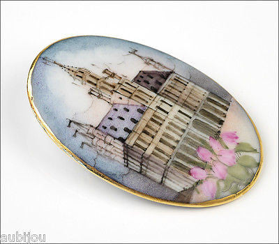 Vintage Porcelain Hand Painted Gothic Revival Cathedral Brooch Pin Renaissance