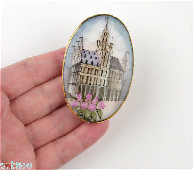 Vintage Porcelain Hand Painted Gothic Revival Cathedral Brooch Pin Renaissance