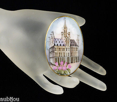 Vintage Porcelain Hand Painted Gothic Revival Cathedral Brooch Pin Renaissance