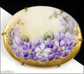 Vintage Porcelain Handpainted Floral Purple Violet Pansy Flower Leaf Brooch Pin