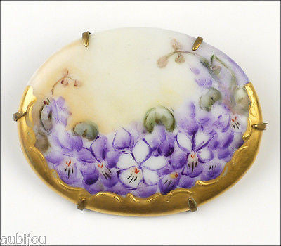 Vintage Porcelain Handpainted Floral Purple Violet Pansy Flower Leaf Brooch Pin