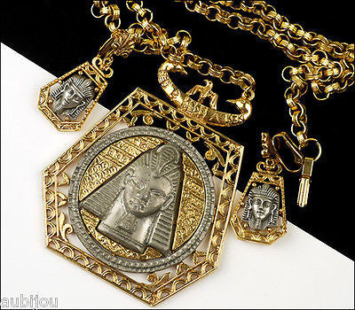 Vintage Signed Art Egyptian Revival King Tut Pharaoh Pendant Necklace Medallion Set