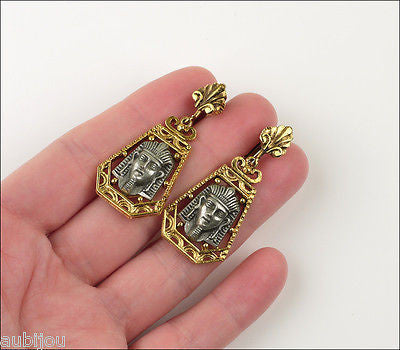 Vintage Signed Art Egyptian Revival King Tut Pharaoh Pendant Necklace Medallion Set
