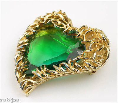 Vintage Signed Art Openback Green Art Glass Rhinestone Heart Leaf Brooch Pin 1960's