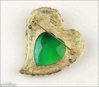 Vintage Signed Art Openback Green Art Glass Rhinestone Heart Leaf Brooch Pin 1960's
