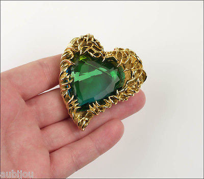 Vintage Signed Art Openback Green Art Glass Rhinestone Heart Leaf Brooch Pin 1960's