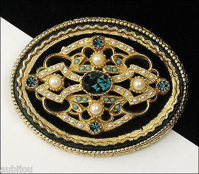Vintage Signed Art Ornate Victorian Black Velvet Montana Blue Rhinestone Brooch Pin