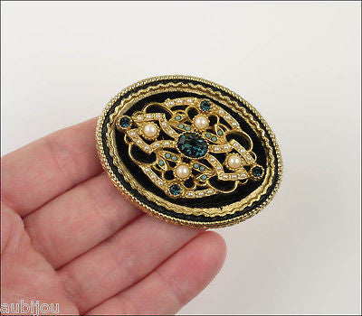 Vintage Signed Art Ornate Victorian Black Velvet Montana Blue Rhinestone Brooch Pin