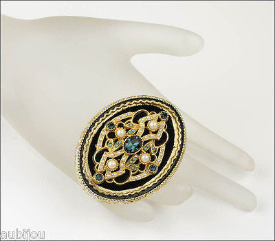 Vintage Signed Art Ornate Victorian Black Velvet Montana Blue Rhinestone Brooch Pin