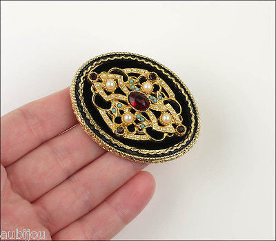 Vintage Signed Art Ornate Victorian Black Velvet Siam Red Rhinestone Brooch Pin 1960's
