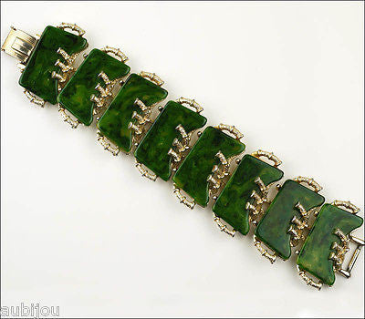 Vintage Signed Art Wide Spinach Green Marbled Bakelite Oriental Bamboo Bracelet 1960's