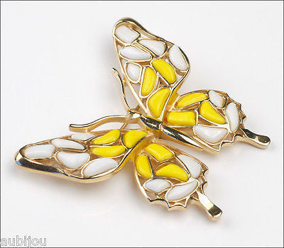Vintage Trifari Figural White Yellow Mosaic Glass Butterfly Insect Brooch Pin 1960's