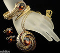Vintage Trifari Smoked Topaz Rhinestone Floral Fern Set Pendant Bracelet Parure 1960's