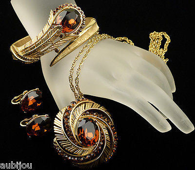 Vintage Trifari Smoked Topaz Rhinestone Floral Fern Set Pendant Bracelet Parure 1960's