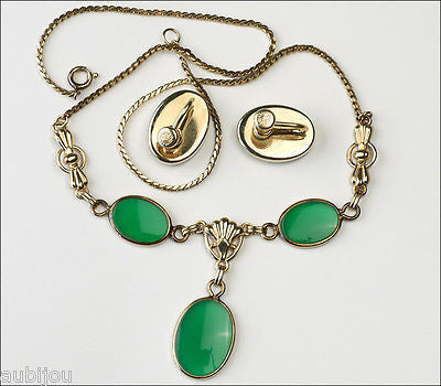 Vintage Van Dell Gold Filled Faux Chrysoprase Green Glass Cabochon Necklace Set 1960's