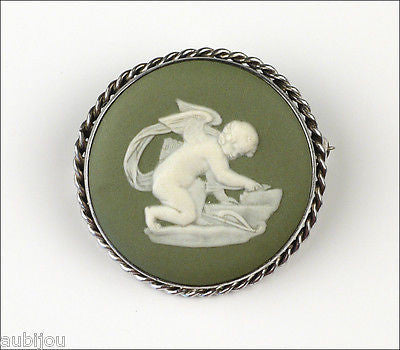 Vintage Wedgwood Sterling Silver Jasperware Cupid Porcelain Cameo Brooch Pin
