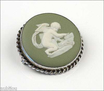 Vintage Wedgwood Sterling Silver Jasperware Cupid Porcelain Cameo Brooch Pin