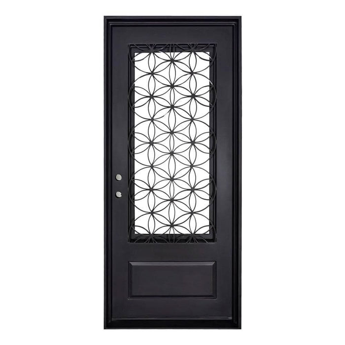 Woodstock single flat door thermally broken with metal scrollwork in bronze color.