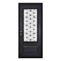 Woodstock single flat door thermally broken with metal scrollwork in bronze color.