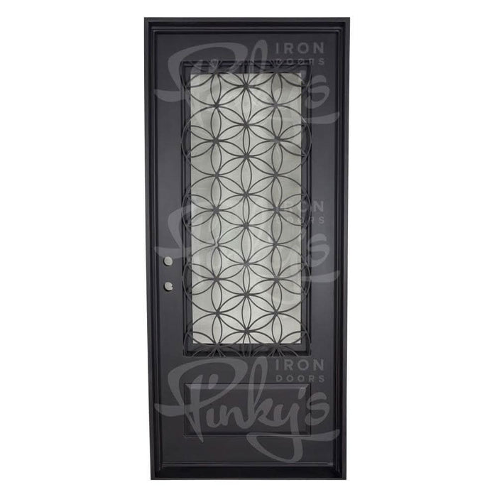 Woodstock single flat exterior door with thermal break and decorative metalwork in matte black.